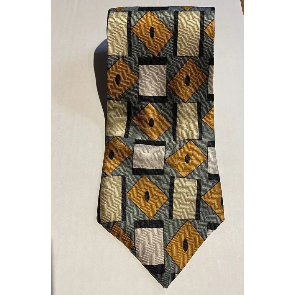 Gold Roberta Collection Mens 100% Silk Tie Made In Italy Geometric Gold/Slvr/Blu